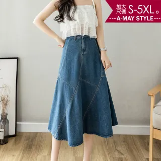 【Amay Style 艾美時尚】秋新品 中大尺碼女裝 丹寧 半身裙 設計感拼接剪裁顯瘦A字牛仔裙。S-5XL(藍.預購)