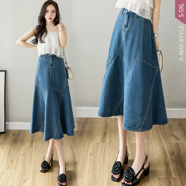 【Amay Style 艾美時尚】秋新品 中大尺碼女裝 丹寧 半身裙 設計感拼接剪裁顯瘦A字牛仔裙。S-5XL(藍.預購)