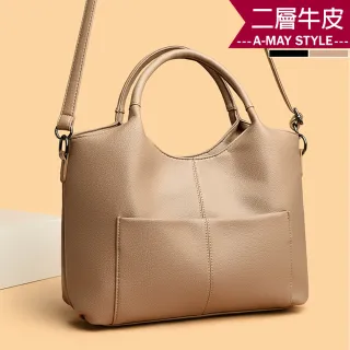 【Amay Style 艾美時尚】秋新品 真皮女包 手提包 斜背包 大容量歐美時尚牛皮手提側肩背托特包(2色.預購)