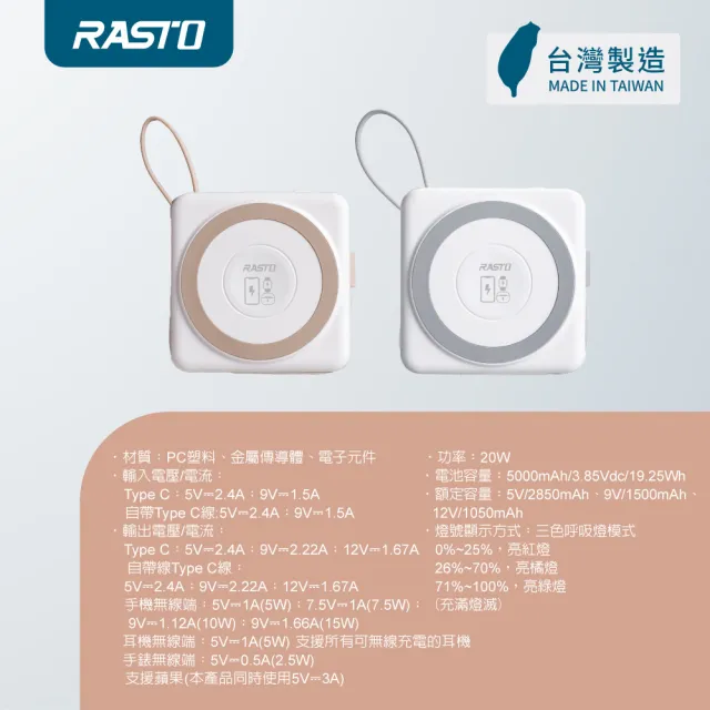 【RASTO】MD-BP087-Plus台灣製小方塊固態自帶線磁吸行動電源(5000mAh/標示19.25Wh可帶上飛機)