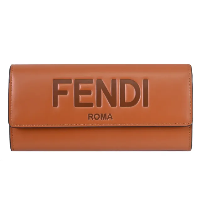 【FENDI 芬迪】Roma 經典LOGO壓花牛皮翻蓋長夾(焦糖棕)