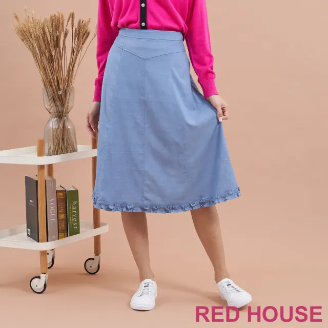 【RED HOUSE 蕾赫斯】甜美荷葉邊裙襬壓線牛仔裙(水藍色)