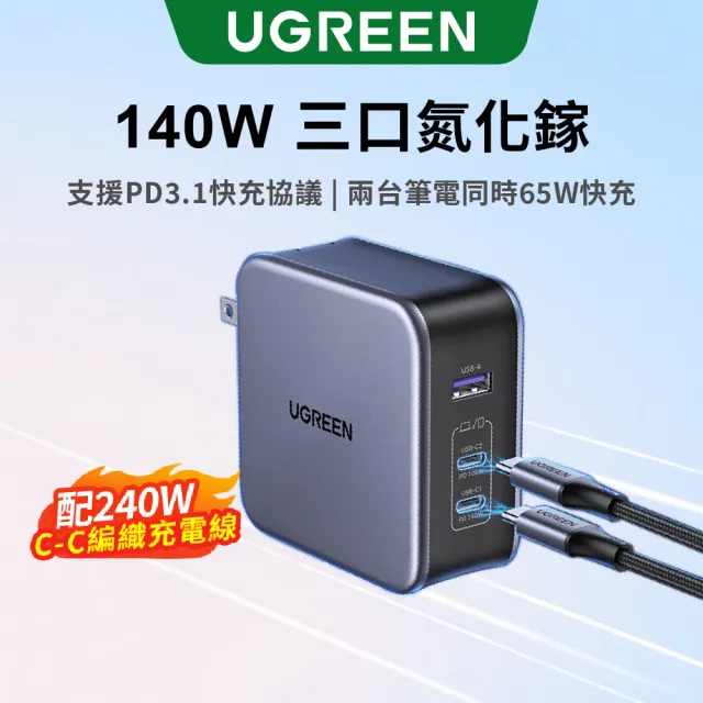 【綠聯】140W 2C1A GaN氮化鎵快速充電器/快充頭(PD3.1/PPS/QC4/三口充電/NXP荷蘭恩智浦晶片)