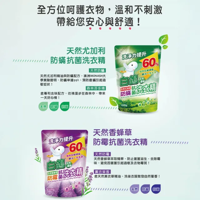 【白鴿】天然抗菌/抗病毒洗衣精補充包x6包x2箱 (新升級配方上市 多款可任選)