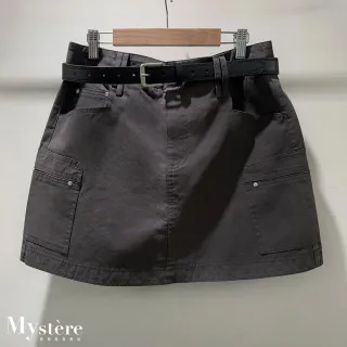 【my stere 我的時尚秘境】雙11 工裝風口袋短褲裙 附腰帶 煙灰 工裝裙 牛仔褲裙 工裝短裙