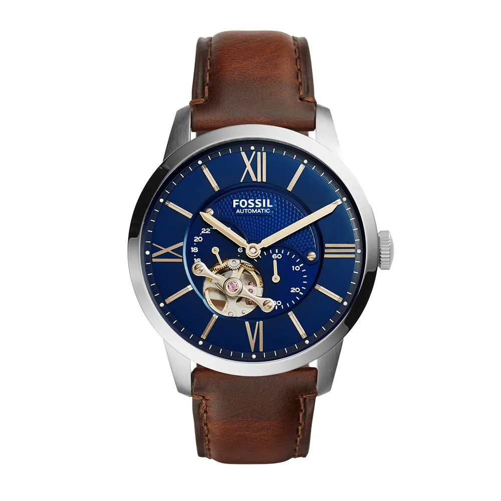 【FOSSIL】Townsman 城市雅痞藍面機械男錶 棕色真皮錶帶 手錶 44MM ME3110()