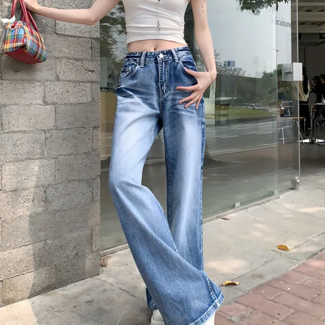 【AS 梨卡】隔日到貨 女裝 長褲 喇叭褲 牛仔長褲 美式牛仔 直筒牛仔褲 復古長褲 夏天拖地長褲 GA906