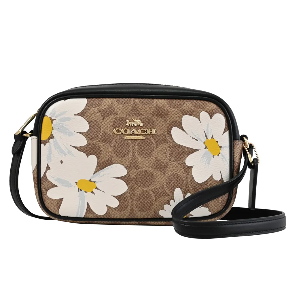 【COACH】限定經典C字花卉印花拼接方包相機包斜背包(駝/黑邊)