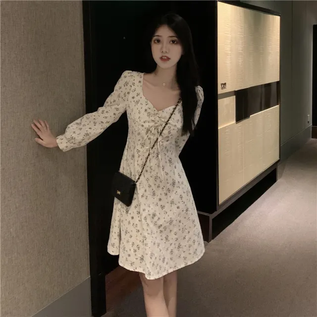 【AS 梨卡】女裝 連身短裙 長袖碎花洋裝 洋裝 薄款連身裙 氣質短裙 秋冬洋裝 顯瘦短裙 VG265