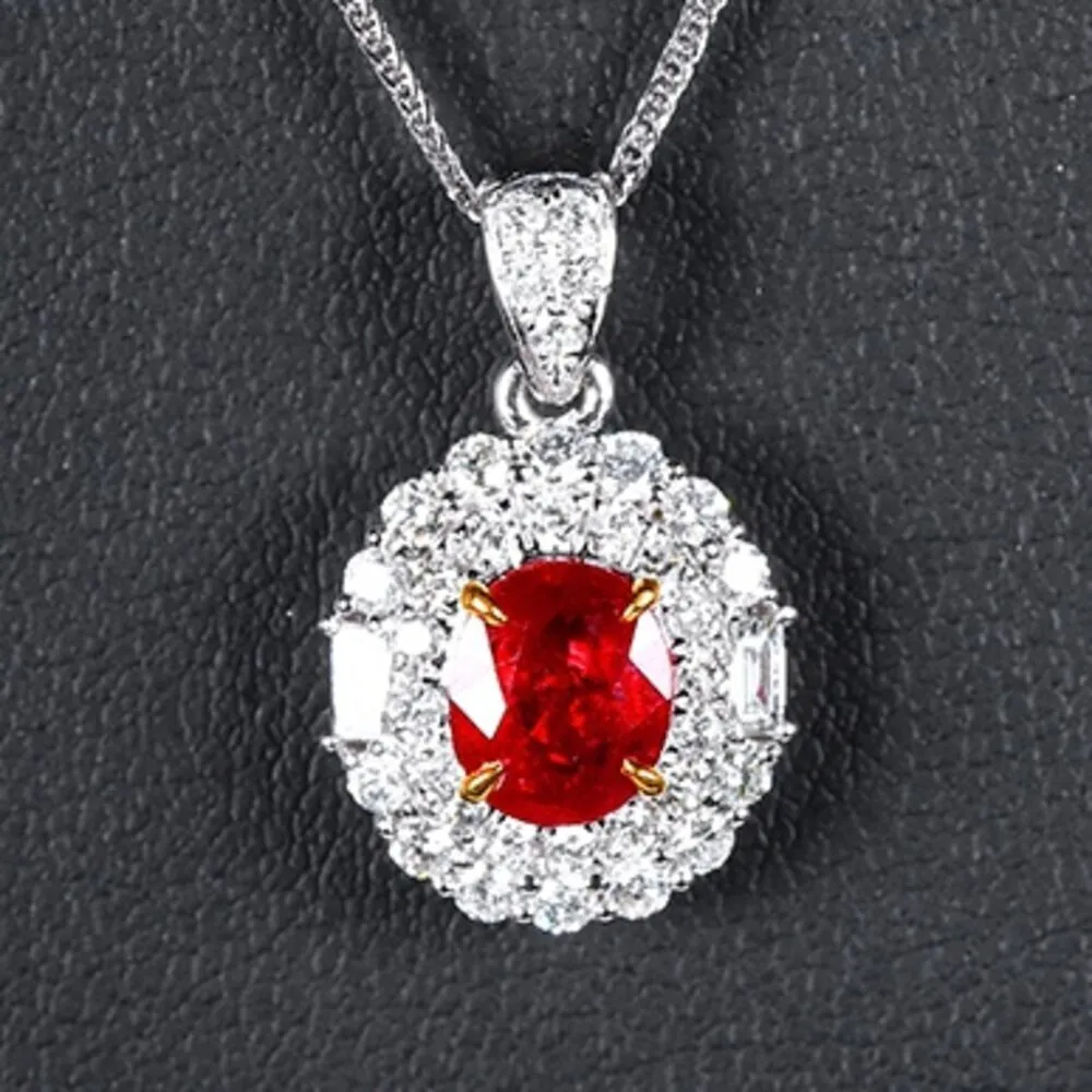 海斯珠寶 1.1克拉天然鴿血紅寶石 18K白金鑽石項鍊 橢圓形切割 經典圍鑲設計 收藏級珠寶 典雅大氣