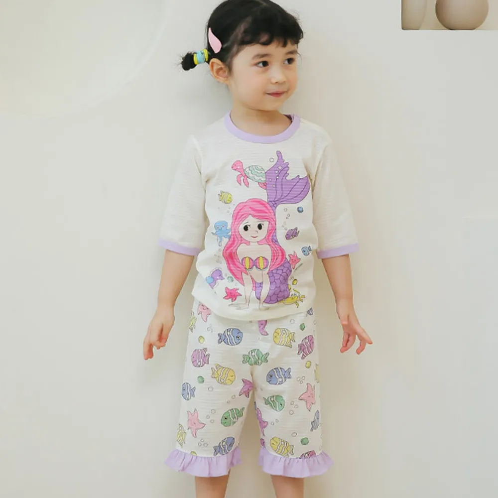 【Puco】正韓超優質嬰幼兒/兒童七分袖100% 有機純棉家居服/睡衣/家居套裝組_美人魚(PC21-016)