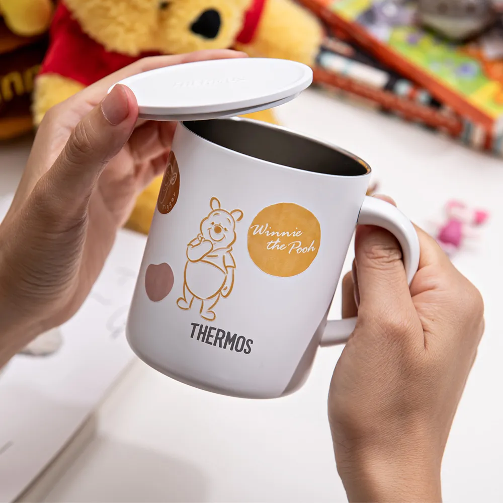 【THERMOS 膳魔師】momo獨家專售小熊維尼甜甜圈篇不鏽鋼真空杯350ml(JDG-350WP-WH)