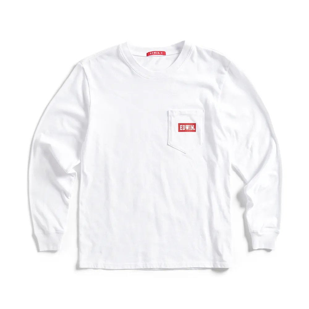 【EDWIN】男裝 口袋BOX LOGO長袖T恤(白色)