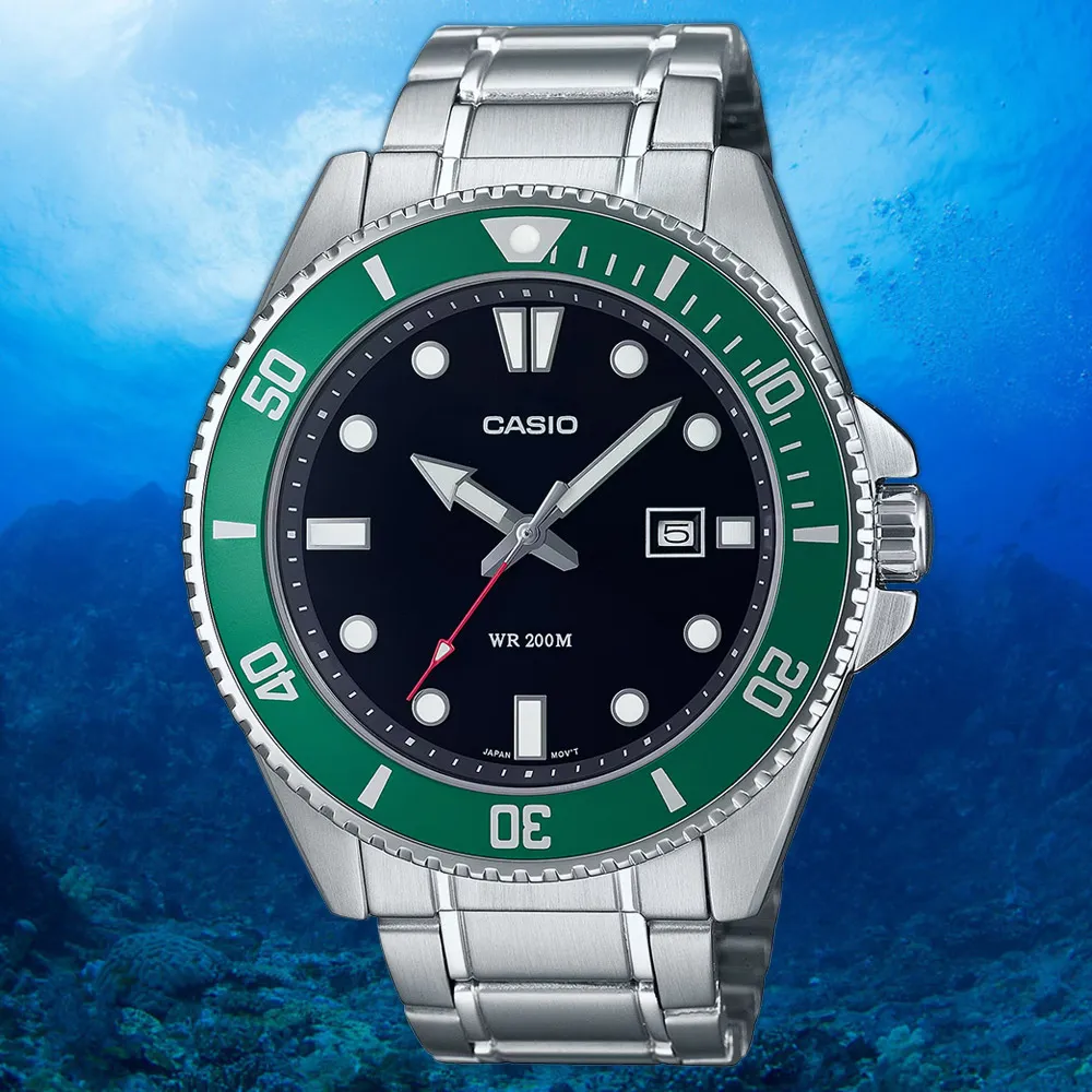 【CASIO 卡西歐】綠黑水鬼 槍魚 200米潛水錶 運動手錶 考試手錶 學生錶 送禮 禮物 推薦(MDV-107D-3AV)