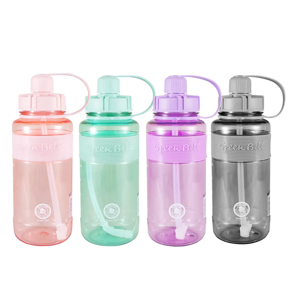 【GREEN BELL 綠貝】糖果色彈跳吸管水壺-附背帶1000ml3入組(大容量 運動 寬口 耐熱 露營 健身 止滑 SGS)