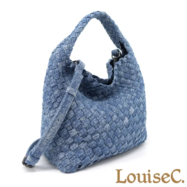 【LouiseC.】雙11 Tree House 丹寧牛仔布 附手腕帶小化妝包 刷白手工編織 手提斜背桶包 2色 CC86003