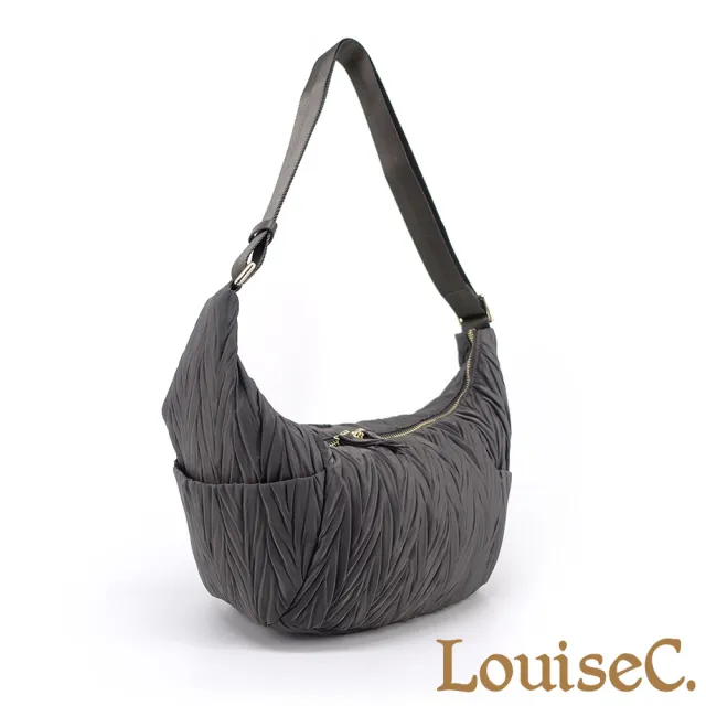 【LouiseC.】雙11 Tree House 輕盈尼龍 牛皮 三宅特殊樹條紋壓褶 多插袋 肩背斜背彎月防水包 3色 CC2603