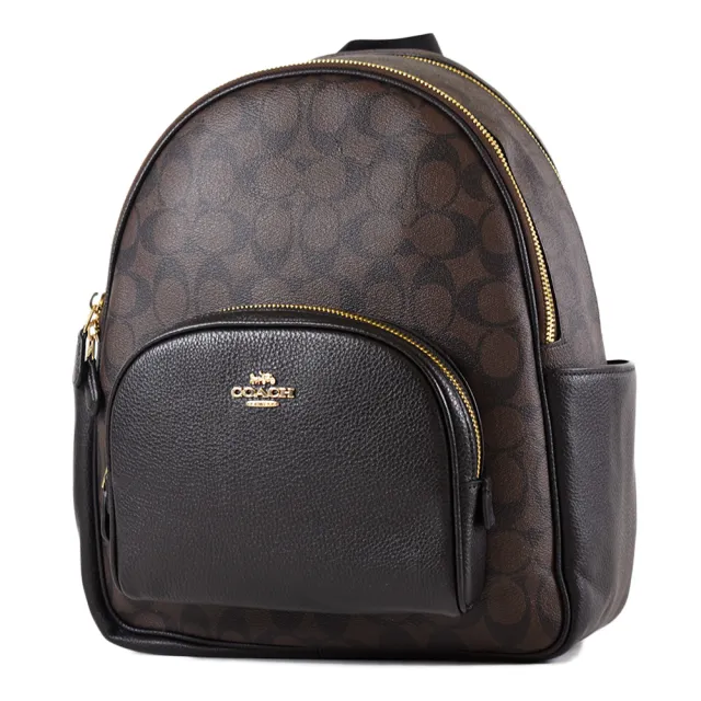【COACH】緹花LOGO雙側置物拉鍊後背包-咖啡色