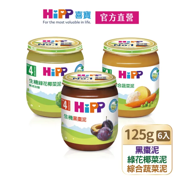 【HiPP】喜寶生機蔬菜泥系列125gx6入(綠花椰菜泥/綜合蔬菜泥/黑棗泥 口味任選)