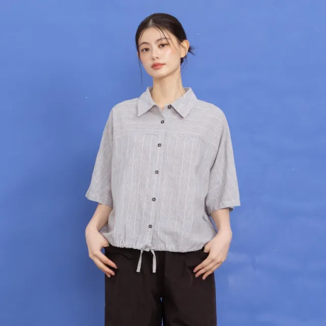 【MOSS CLUB】條紋綁帶短袖連袖休閒襯衫 藍 黑