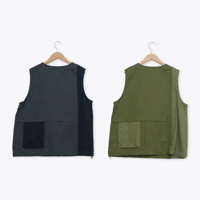 【MOSS CLUB】配色拼接工裝下擺抽繩背心 綠 灰