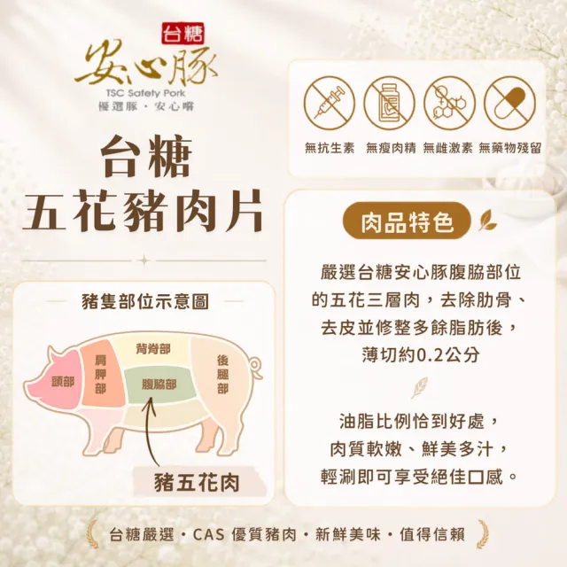 【台糖安心豚】五花豬肉片300g x4包(國產三層肉薄賞 肥瘦相疊 層層甘香 涮煎炒煮皆美味)
