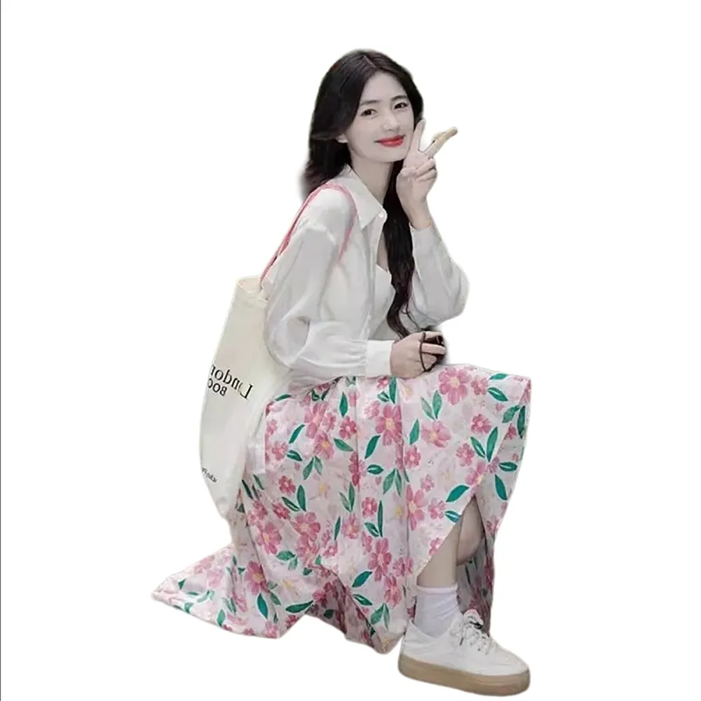 【巴黎精品】現貨+預購 長袖套裝三件式裙裝(襯衫背心碎花長裙女裝a1gd49)