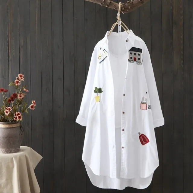 【LANNI 藍尼】★文藝刺繡長版襯衫(女裝/女上衣/休閒/百搭/日系/通勤)