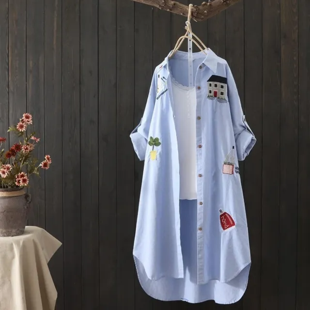 【LANNI 藍尼】★文藝刺繡長版襯衫(女裝/女上衣/休閒/百搭/日系/通勤)