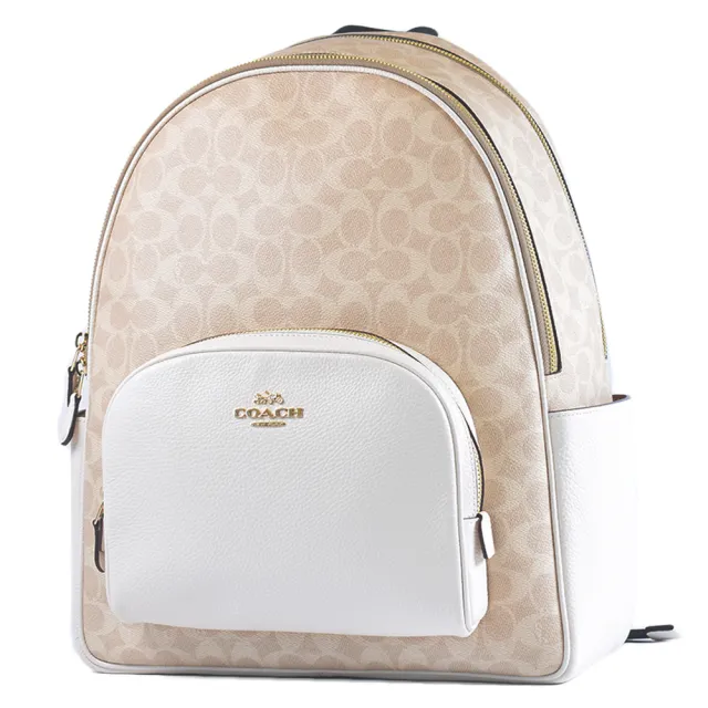【COACH】金字馬車緹花LOGO雙側置物拉鍊後背包-灰褐