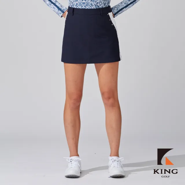 【KING GOLF】網路獨家-女款雙色拼接鉚釘造型綴飾修身高爾夫球運動短裙-丈青色