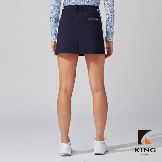 【KING GOLF】網路獨家-女款雙色拼接鉚釘造型綴飾修身高爾夫球運動短裙-丈青色