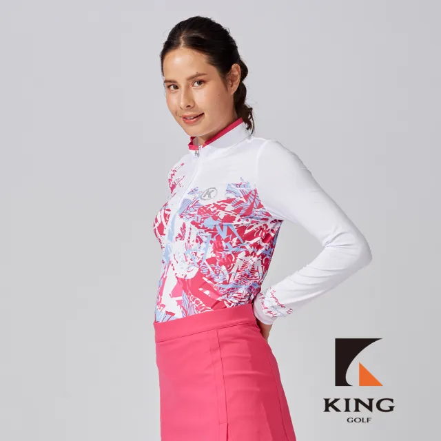 【KING GOLF】速達-網路獨家-女款跳色塗鴉風印花立領長袖上衣POLO衫/高爾夫球衫-紅色