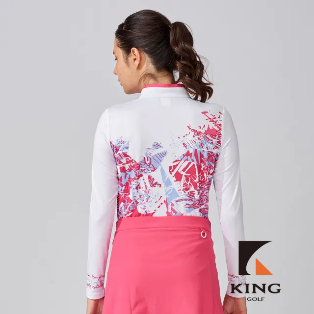 【KING GOLF】速達-網路獨家-女款跳色塗鴉風印花立領長袖上衣POLO衫/高爾夫球衫-紅色