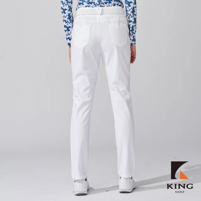 【KING GOLF】網路獨家-女款拼接鉚釘造型綴飾修身彈力舒適高爾夫球長褲-白色