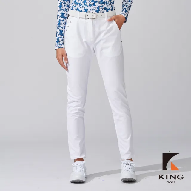 【KING GOLF】網路獨家-女款拼接鉚釘造型綴飾修身彈力舒適高爾夫球長褲-白色