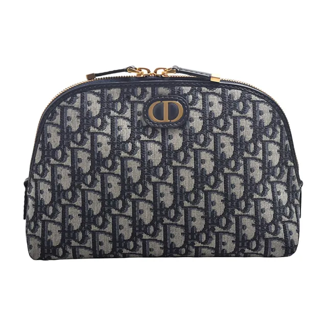【Dior 迪奧】30 MONTAIGNE經典OBLIQUE緹花布拉鍊化妝包/手拿包(大-藍色)