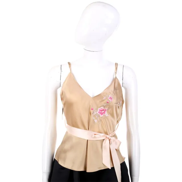 【Blumarine 布魯瑪琳】金色絲緞繡花細肩帶背心(真絲 義大利精品 Jisoo私服品牌)