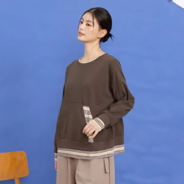 【MOSS CLUB】假兩件條紋配布棉T上衣 藍 灰