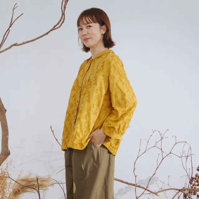 【MOSS CLUB】三角提花有領襯衫上衣 綠 淺綠 咖 黃 芥黃