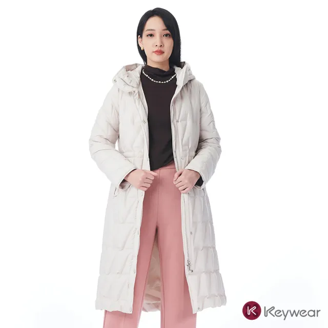 【KeyWear 奇威名品】白鴨絨連帽輕羽絨外套長版羽絨