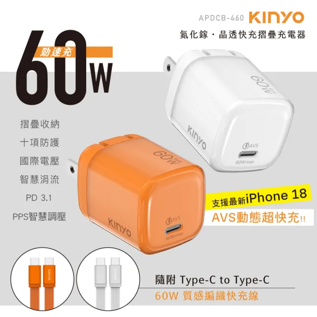 【KINYO】60W GaN氮化鎵晶透快充摺疊充電組 AVS協議 支援 iPhone 18(APDCB-460)