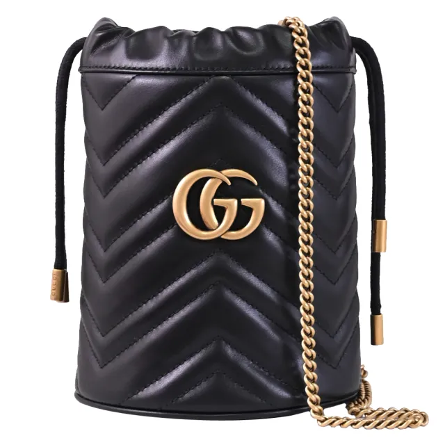 【GUCCI 古馳】GG Marmont 經典束口斜背迷你水桶包(黑)