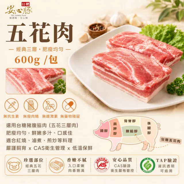 【台糖安心豚】五花豬肉600g x4包(國產完熟三層肉 參層甘香 層脂相疊 醇香四溢 料理豐富多元)