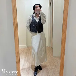 【my stere 我的時尚秘境】雙11 皮革背心兩件式條紋襯衫 兩色 條紋襯衫 oversize襯衫 兩件式襯衫