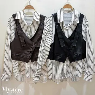 【my stere 我的時尚秘境】雙11 皮革背心兩件式條紋襯衫 兩色 條紋襯衫 oversize襯衫 兩件式襯衫