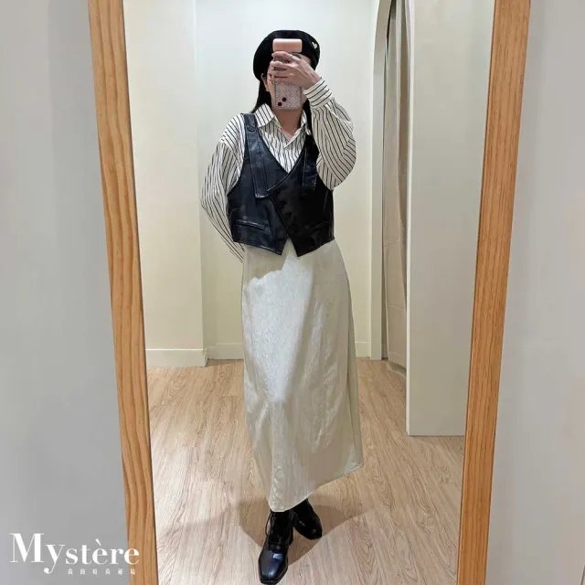 【my stere 我的時尚秘境】雙11 皮革背心兩件式條紋襯衫 兩色 條紋襯衫 oversize襯衫 兩件式襯衫