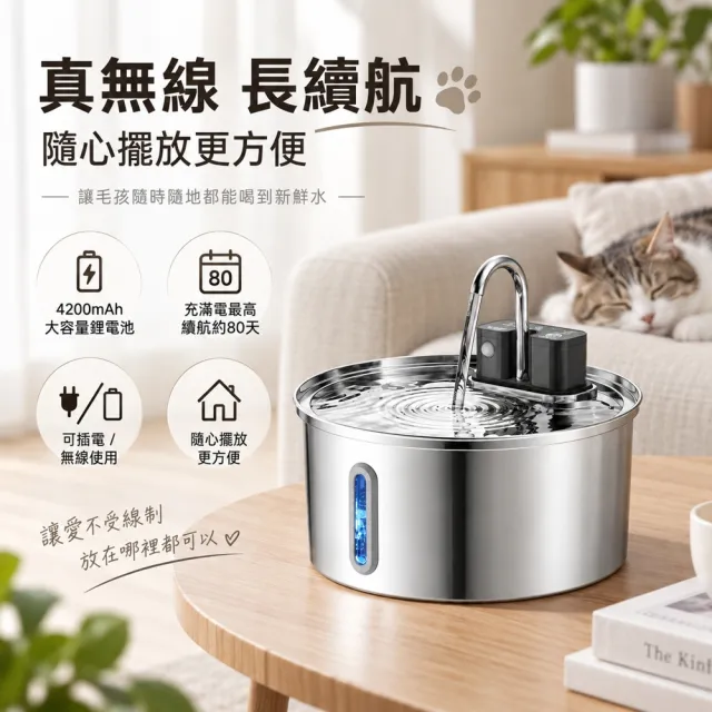 【IPSKY】智能感應寵物飲水機 不鏽鋼貓咪飲水機 3.2L高位出水 靜音低噪 無線長續航智能飲水器 防黑下巴