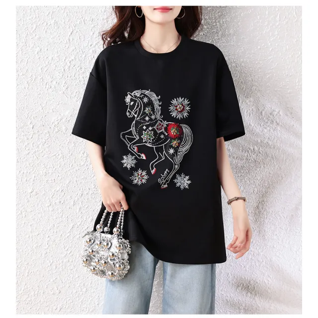 【ALLK 歐楷】新品上架 燙鑽釘珠休閒大尺碼短袖上衣 2色 尺寸L-XXL/中大尺碼/涼爽/透氣