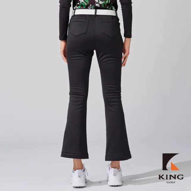 【KING GOLF】網路獨家-女款素色素面修身彈力舒適微喇叭褲高爾夫球長褲-黑色